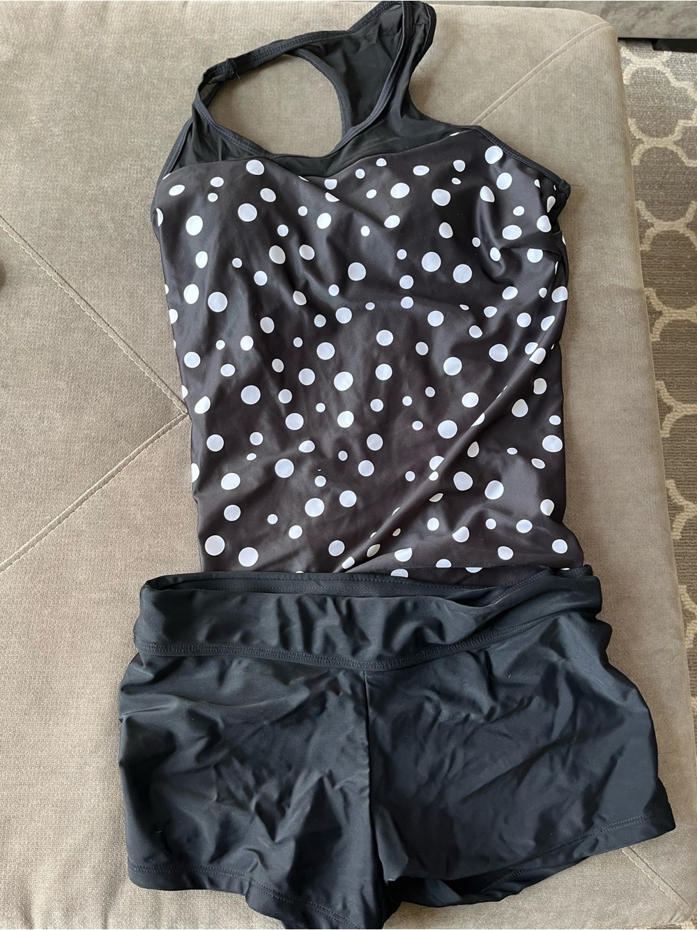 Black Polka Dot Tankini Top with Black Swim Shorts